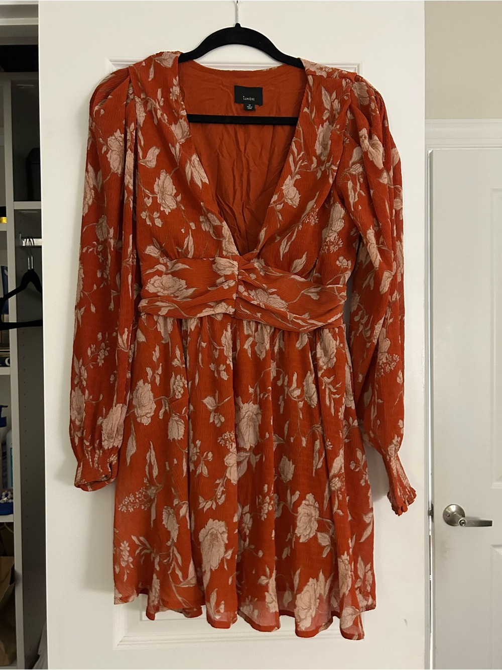 Linden Burnt Orange Floral Long-Sleeve V-Neck Mini Dress